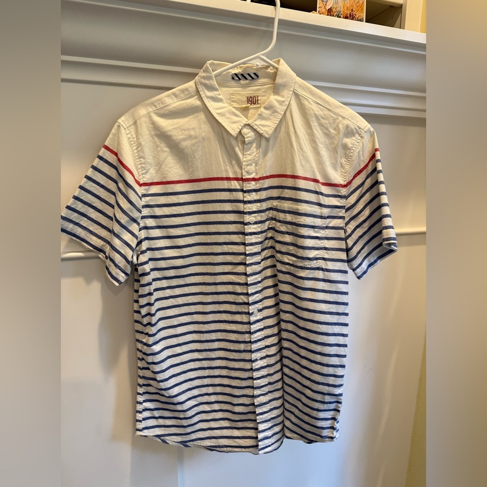 1901 Men's Blue, White, and Red Striped Casual Shirt